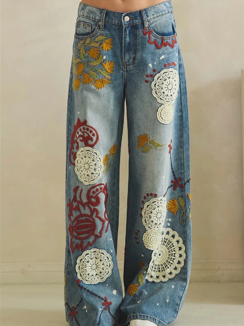 Washed Embroidery Wide Leg Denim Jeans - Picture 10 of 14